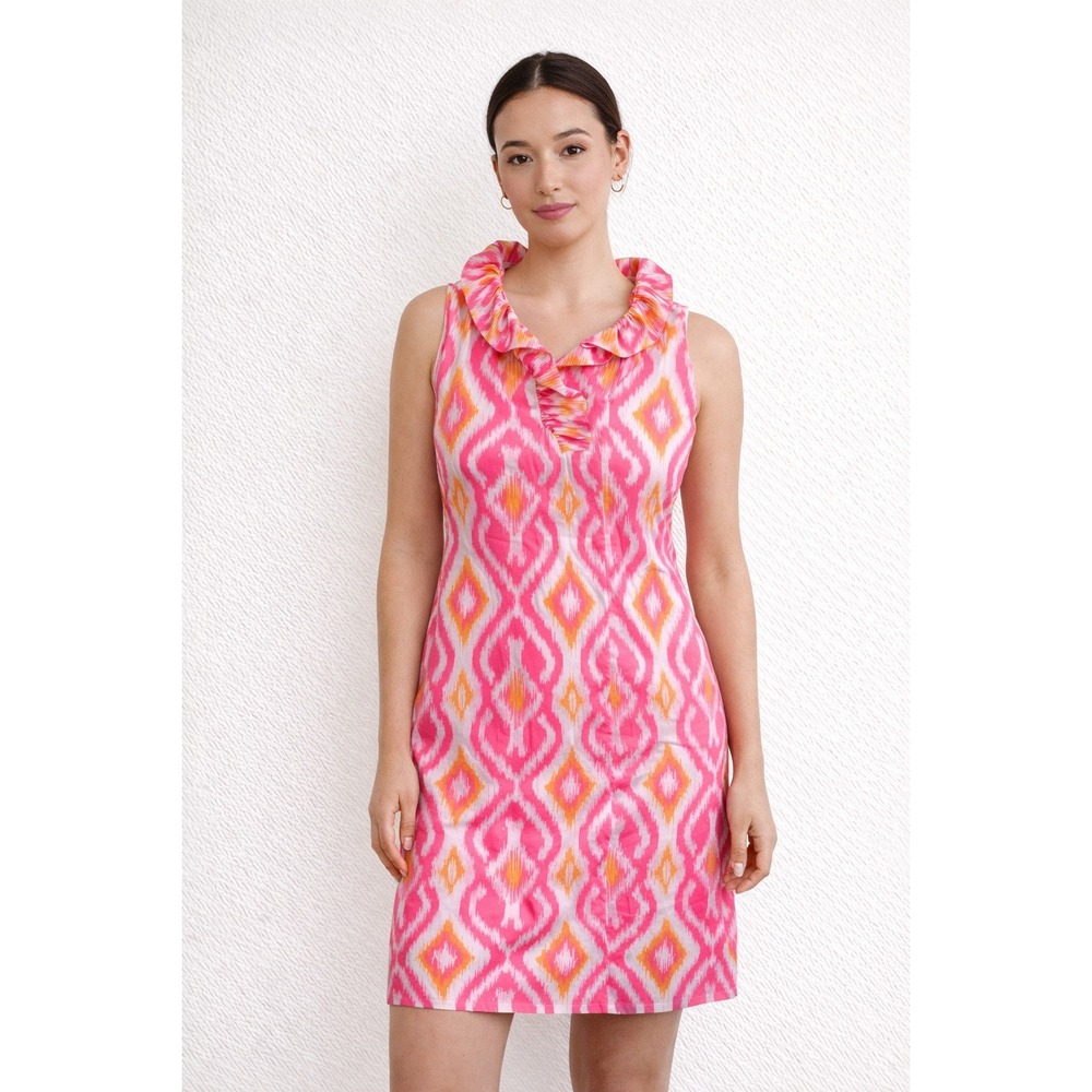 Gretchen Scott Ruffneck Sleeveless Dress Kitt Ikat Pink Shrimp XXS‎ Pink Orange